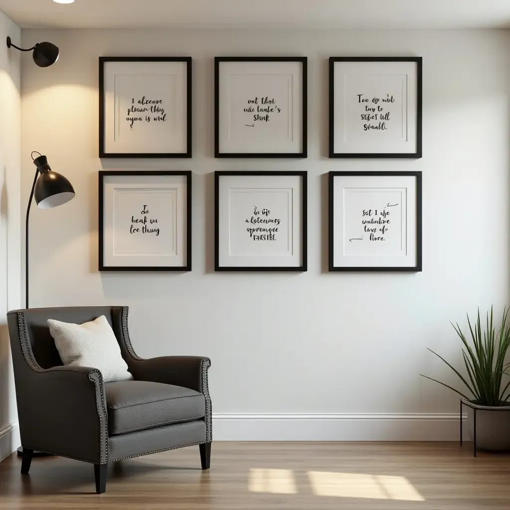 a photo of a basement wall decorated with inspirational quote art prints