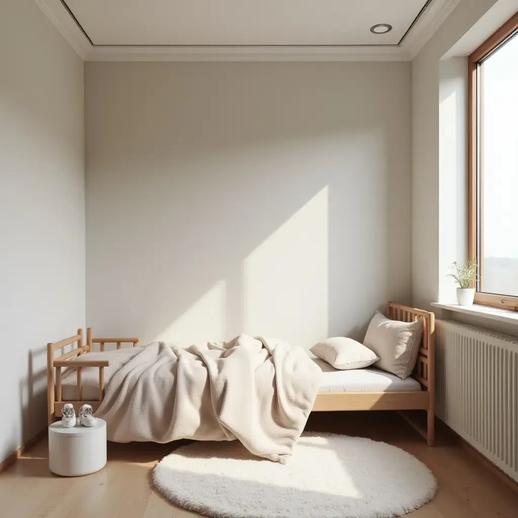 a photo of a sleek children&#x27;s bedroom with a focus on simplicity and functionality