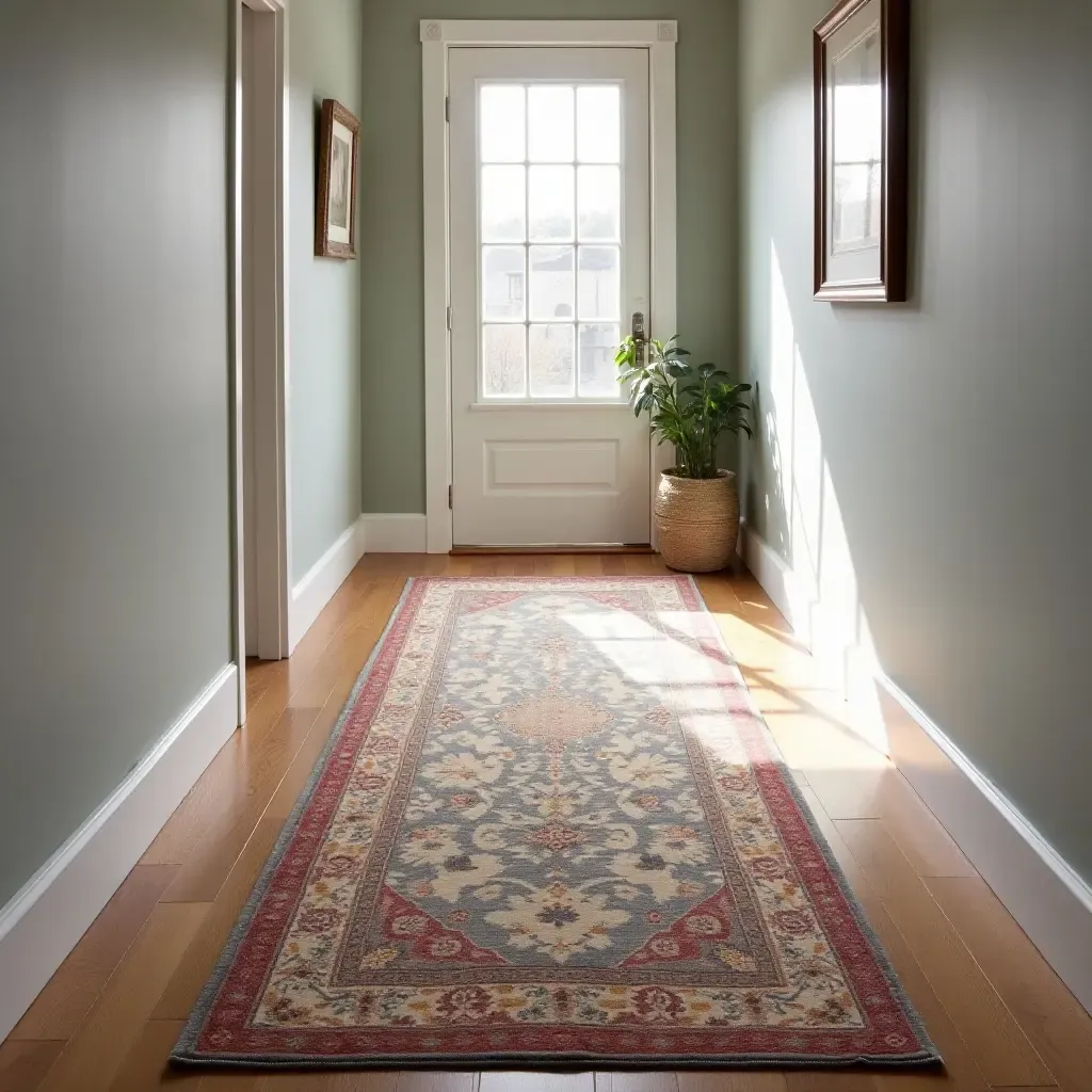 a photo of a vintage-style runner rug in a narrow corridor