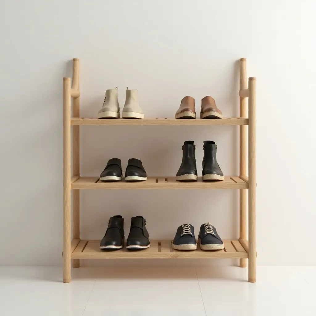 a photo of a wooden shoe rack with a minimalist design