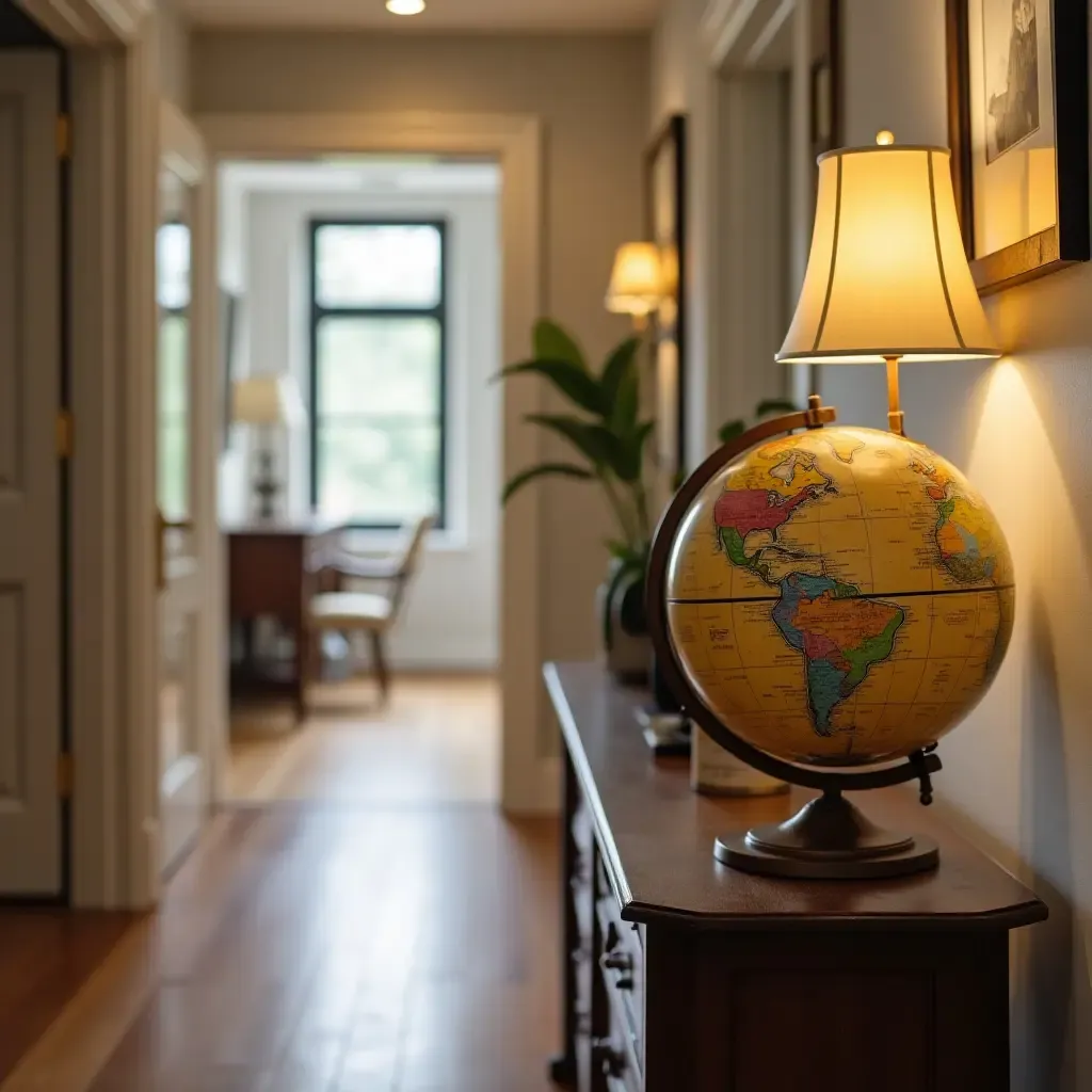 a photo of a vintage globe on a side table in the corridor