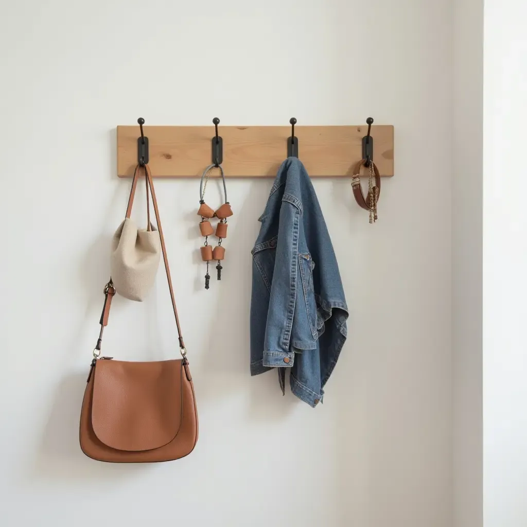 a photo of a chic wall-mounted coat rack with accessories