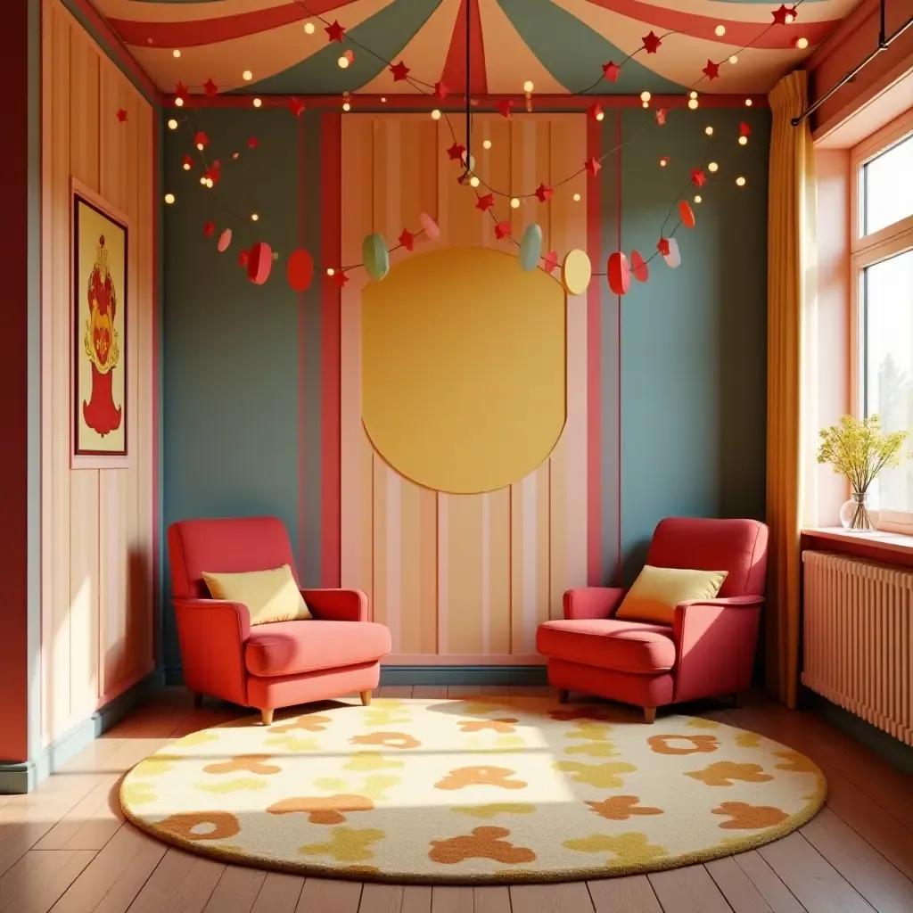 a photo of a fun circus-themed room with bright colors