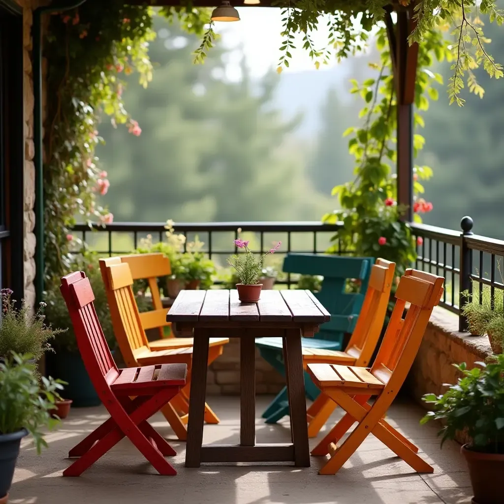 a photo of a balcony with a rustic wooden table and colorful chairs