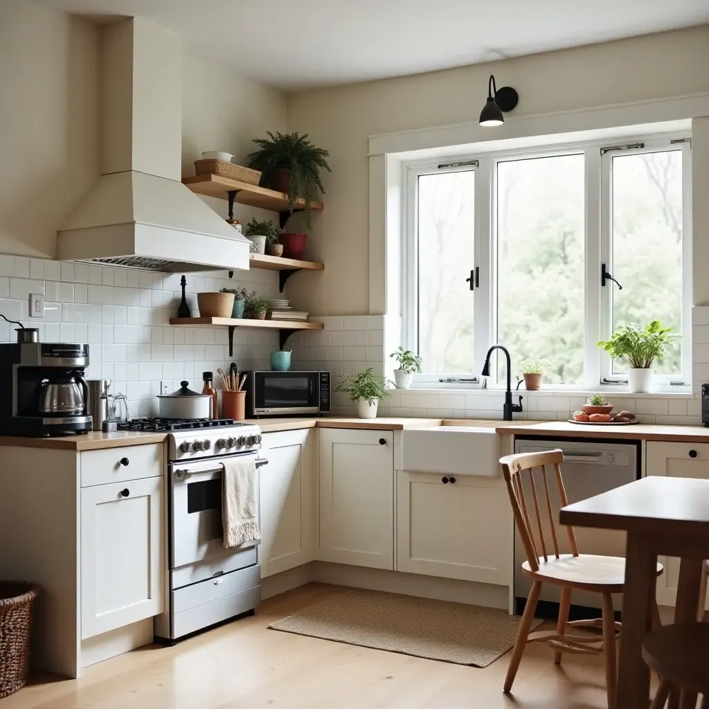 a photo of a kitchen with cozy seating and a farmhouse-style coffee station