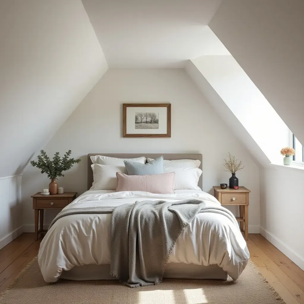 a photo of a cozy attic bedroom with farmhouse decor and sloped ceilings