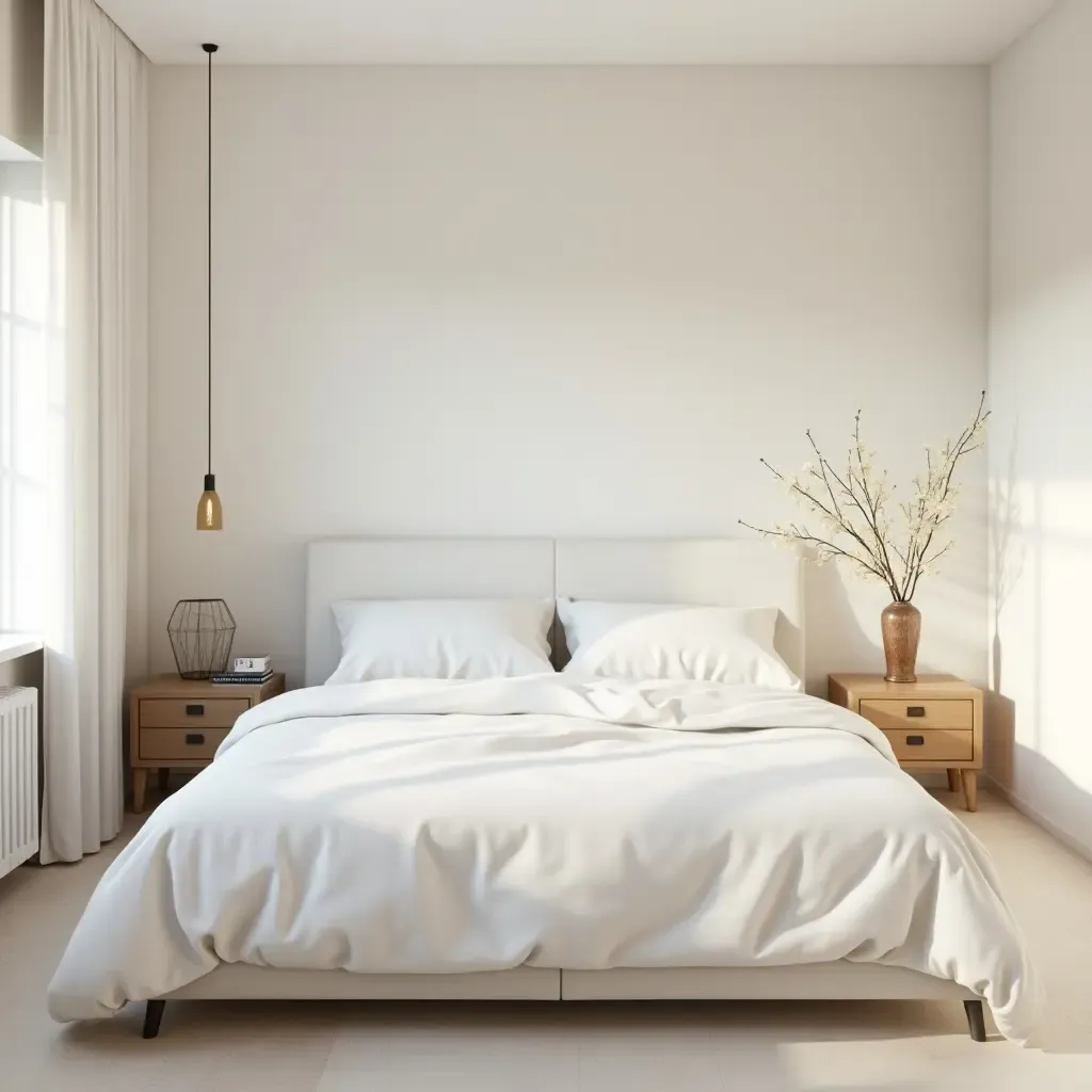 a photo of a minimalist Mediterranean bedroom with neutral tones and simple decor