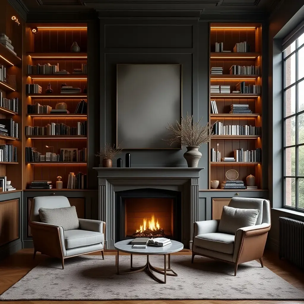 a photo of a library featuring a fireplace and comfortable seating