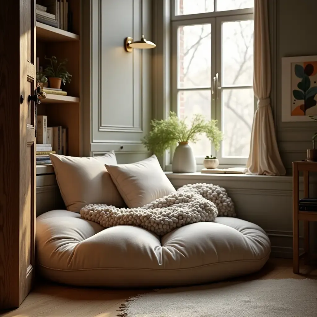 a photo of a reading nook with a large floor pillow and a cozy atmosphere