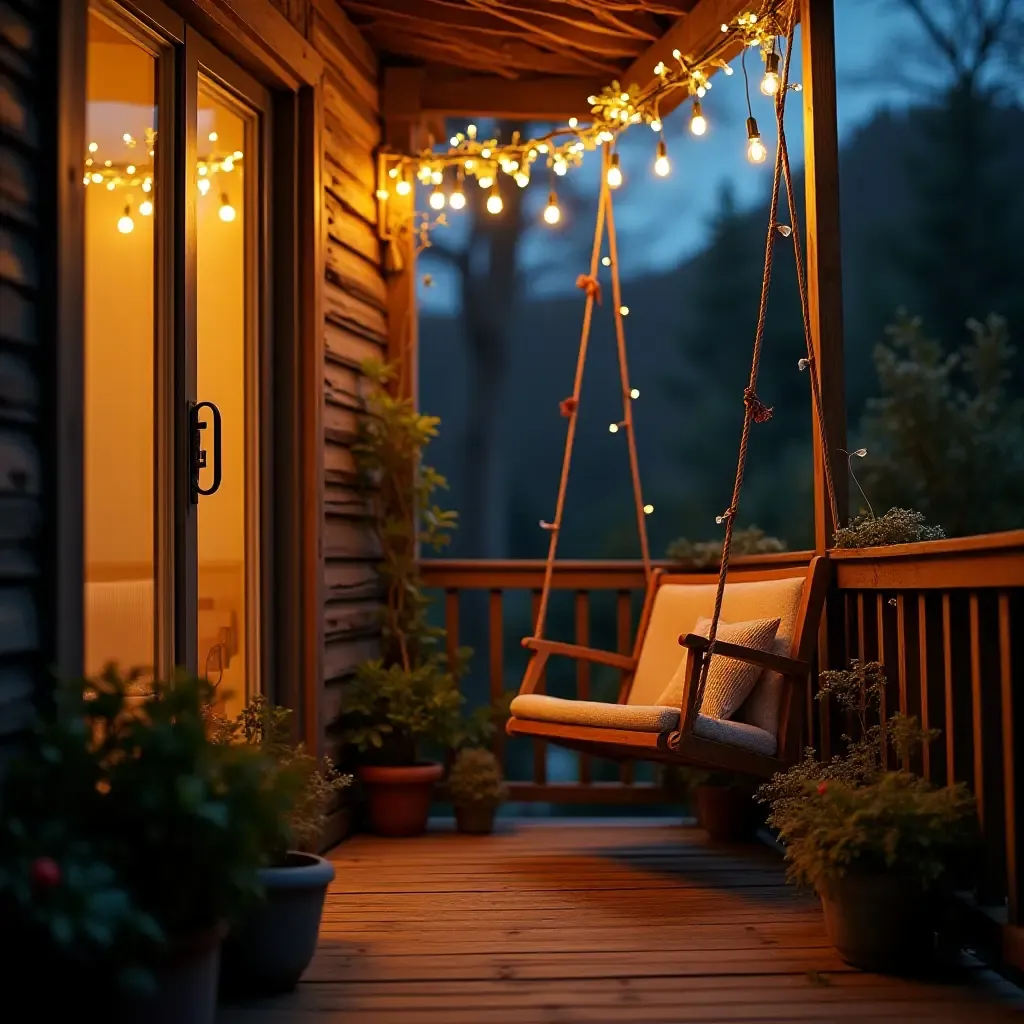 a photo of a balcony featuring a vintage swing chair and fairy lights