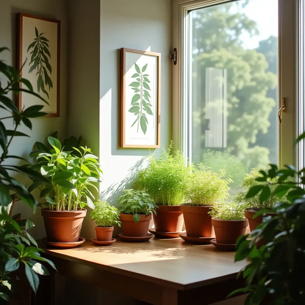 a photo of a sunlit corner filled with potted herbs and botanical prints