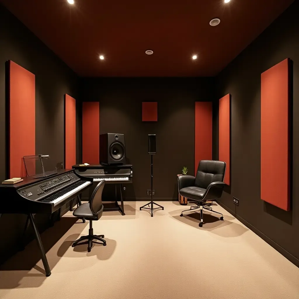 a photo of a sleek basement music studio with acoustic panels