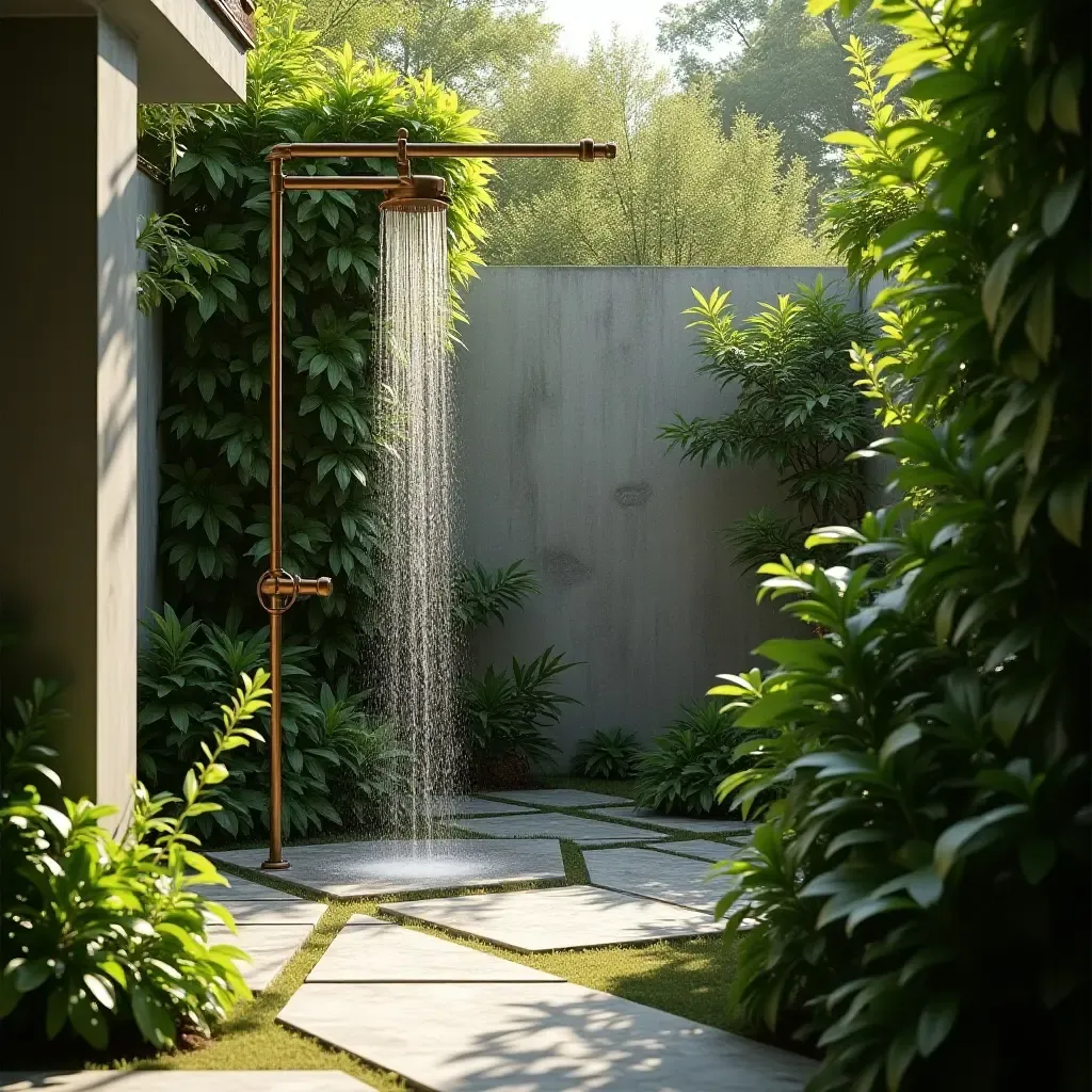 a photo of a refreshing outdoor shower surrounded by lush greenery