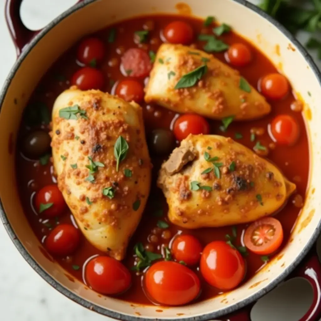 a photo of comforting chicken cacciatore with tomatoes, herbs, and olives.