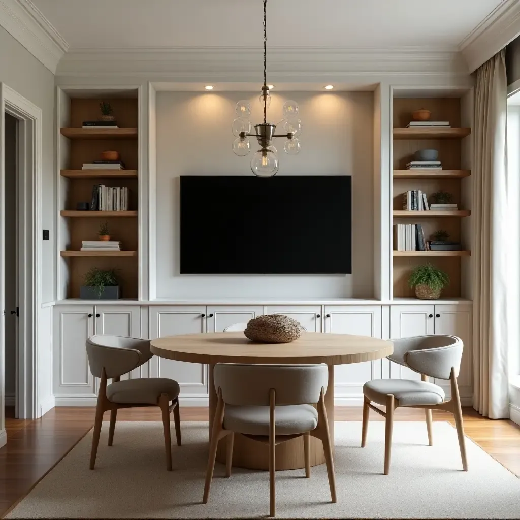 a photo of a cozy dining nook with a TV framed by built-in bookshelves