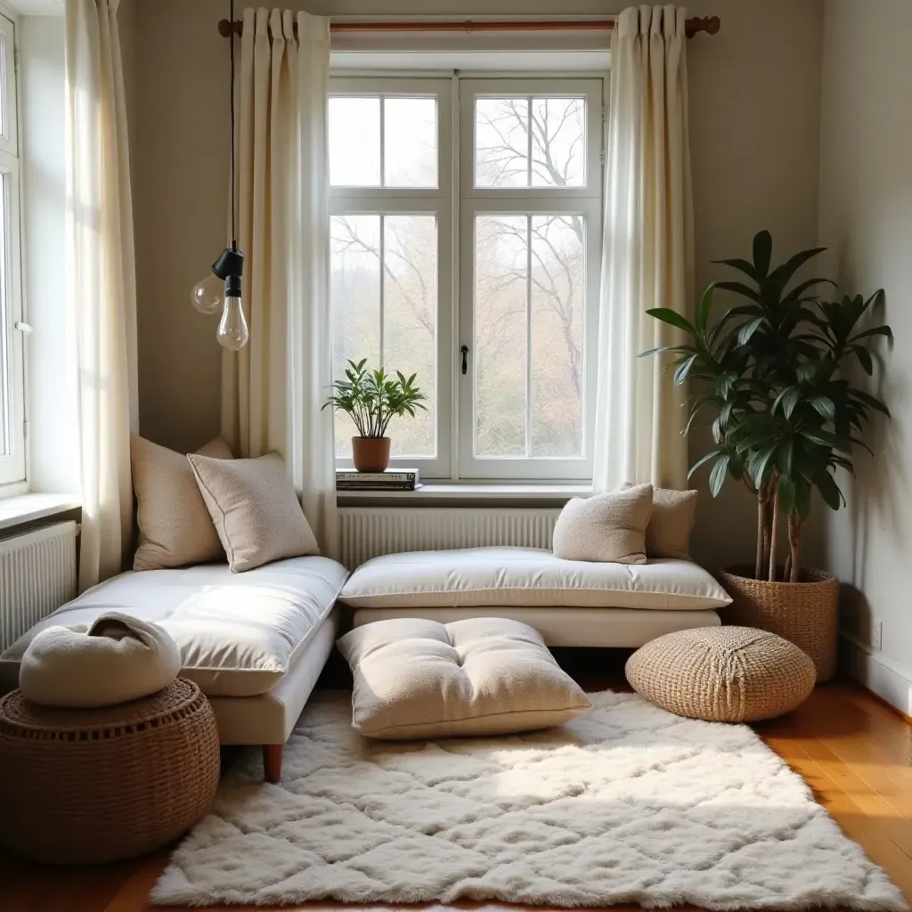 a photo of a reading nook with a soft rug and floor cushions