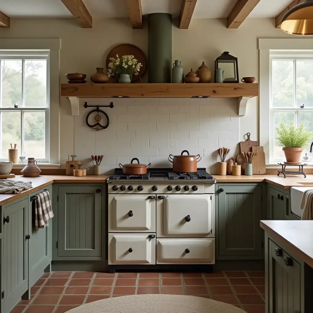 a photo of a farmhouse kitchen with a vintage stove and rustic accessories