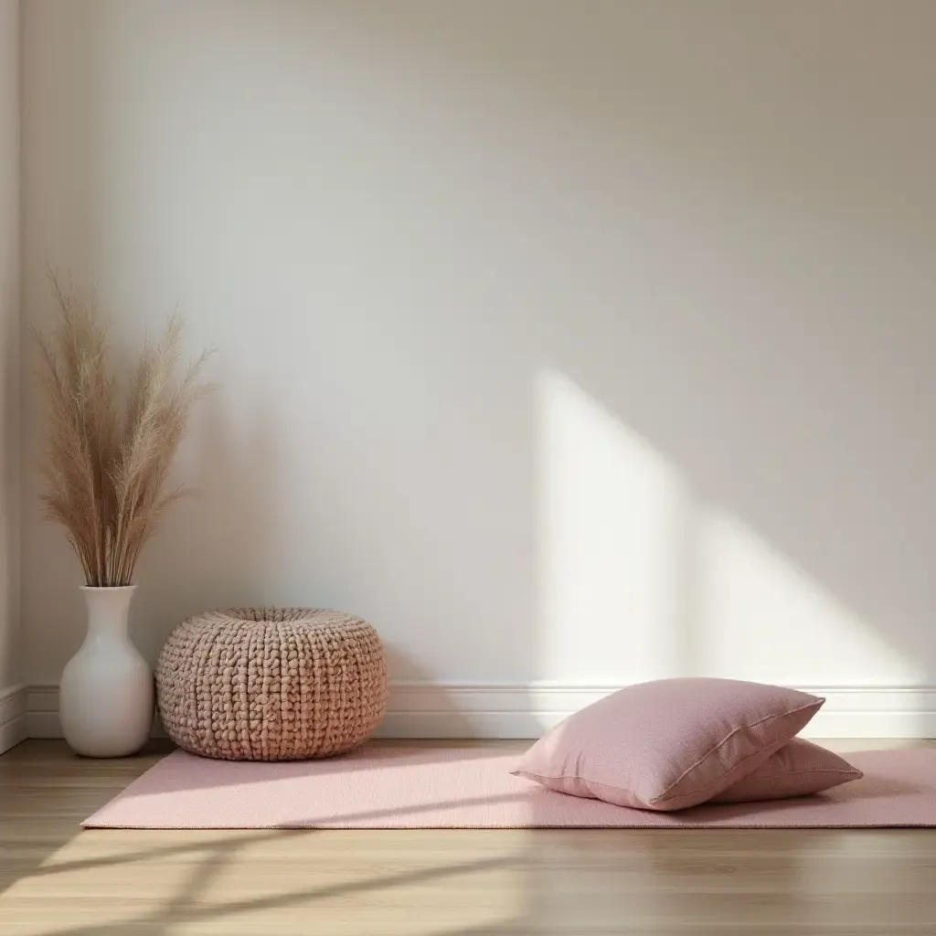 a photo of a basement yoga space with calming throw pillows on a meditation mat