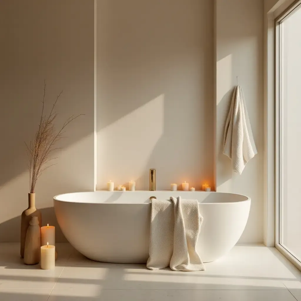 a photo of a minimalist spa-like bathroom with candles and soft textiles