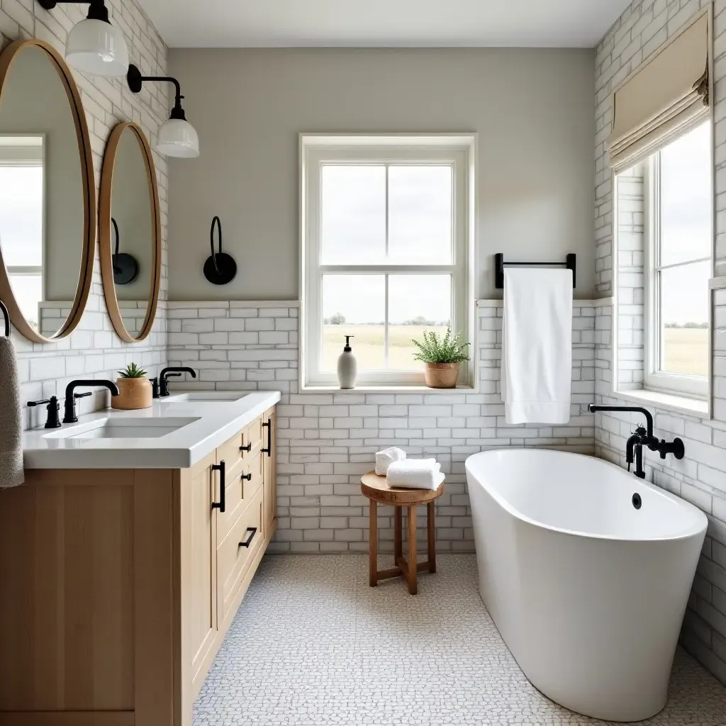 a photo of a stylish farmhouse bathroom with patterned tiles and wooden accents