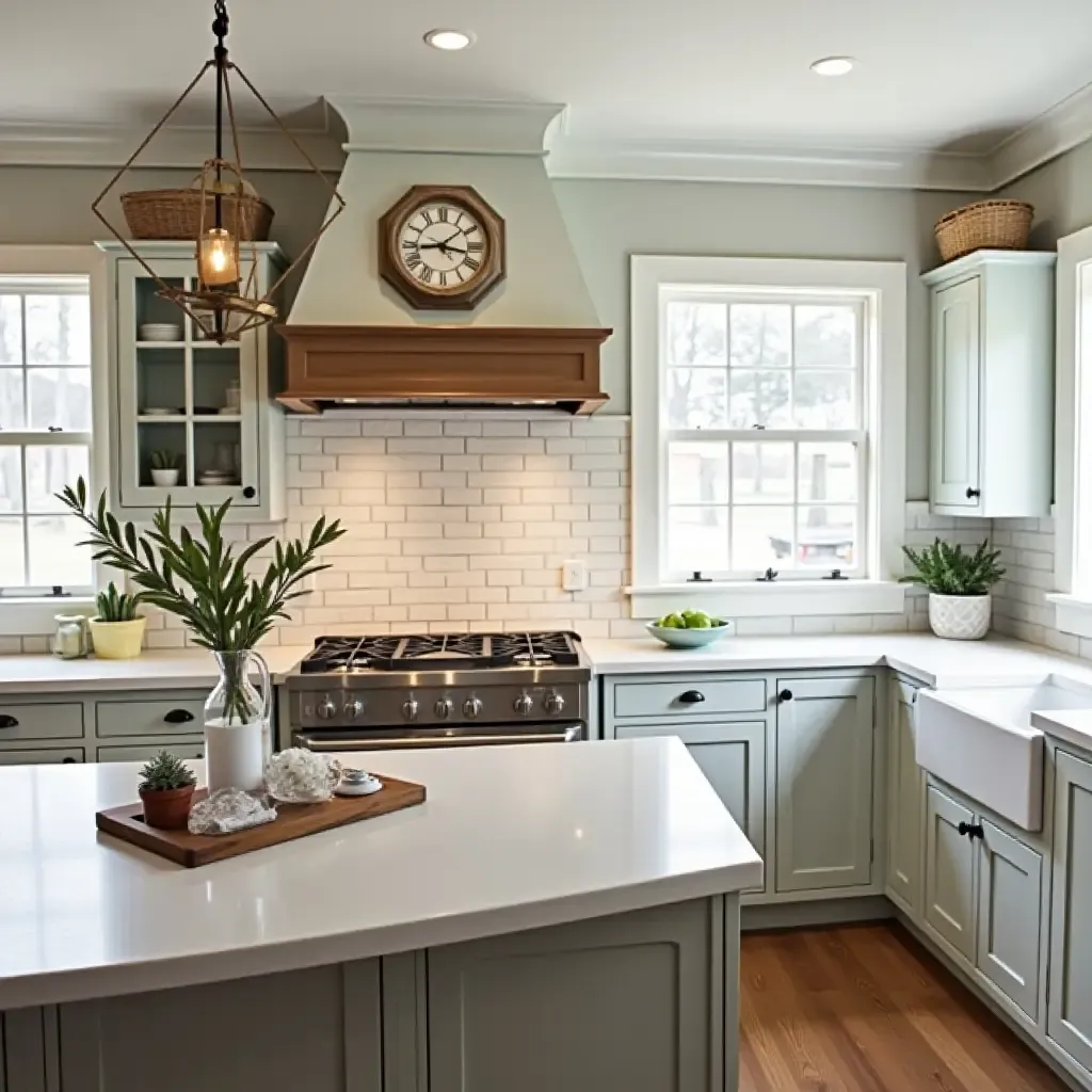 a photo of a kitchen featuring a vintage clock and farmhouse-style accents