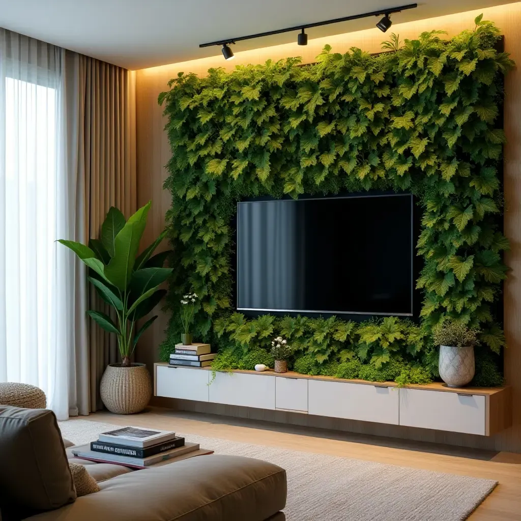 a photo of a TV room featuring a vertical garden