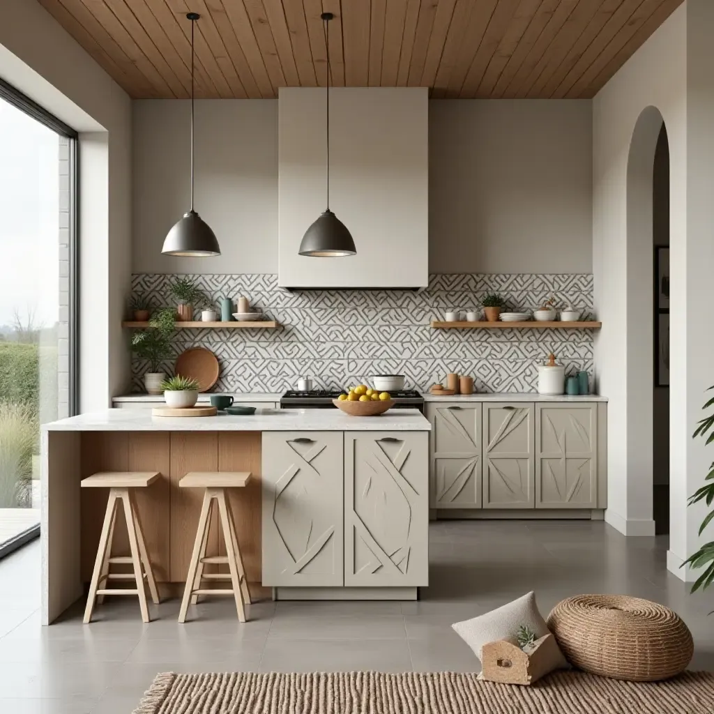 a photo of a trendy boho kitchen with geometric patterns and open spaces