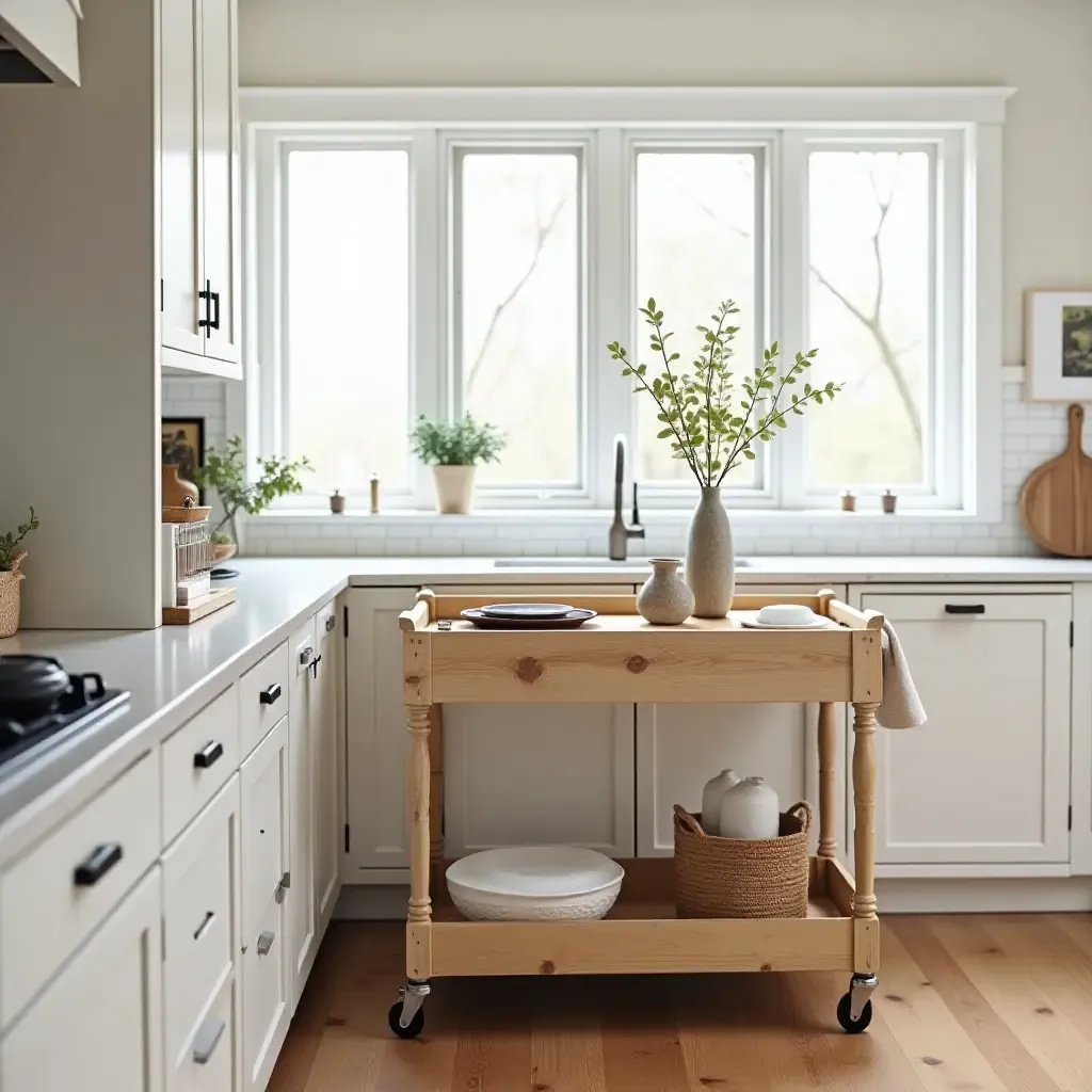 a photo of a cozy kitchen with a farmhouse-style cart and decor