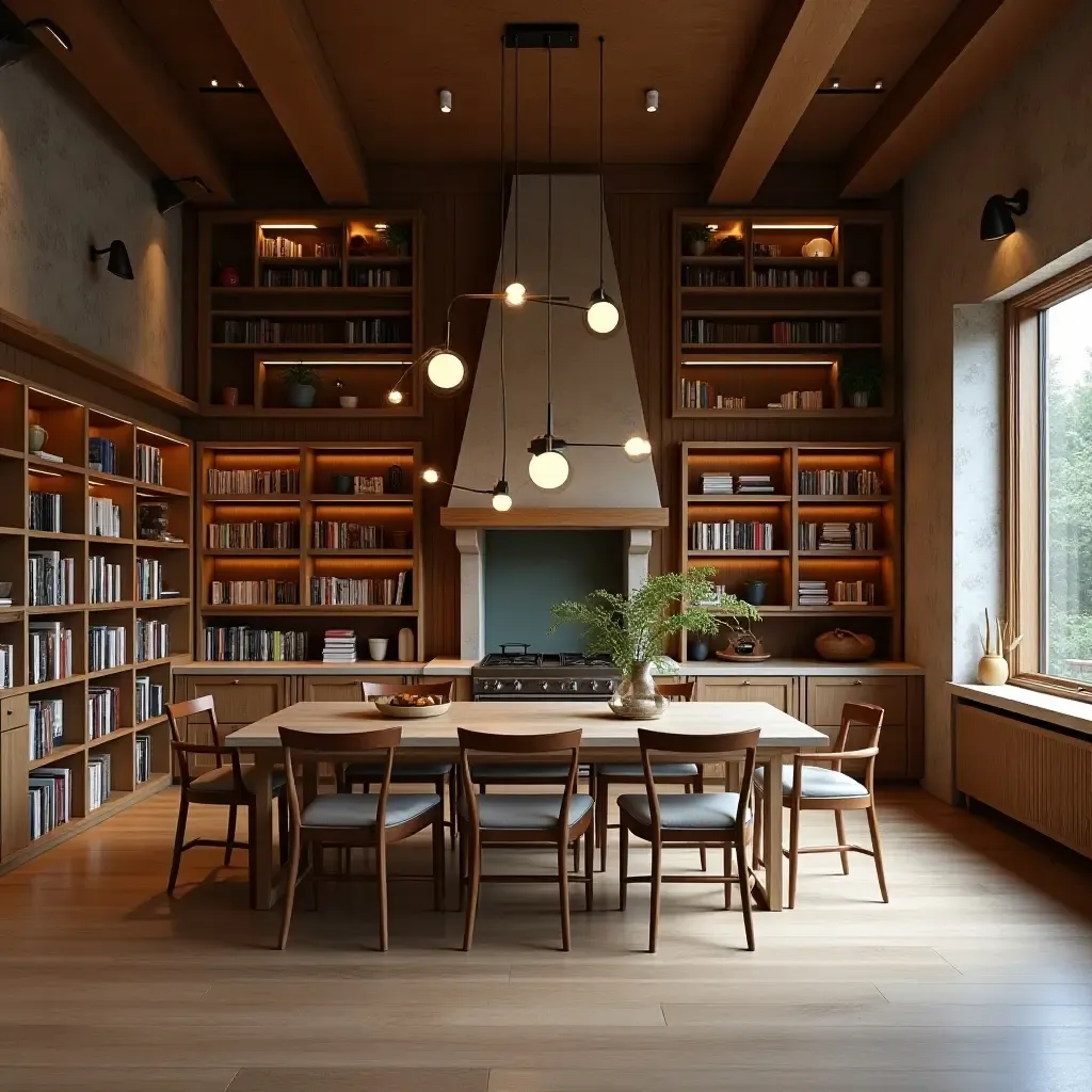 a photo of a library with pendant lights enhancing an open floor plan