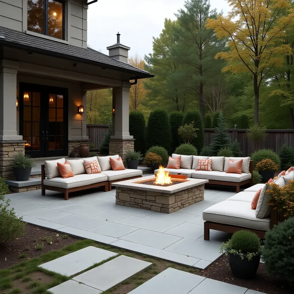 a photo of a patio with a fire pit and seating area