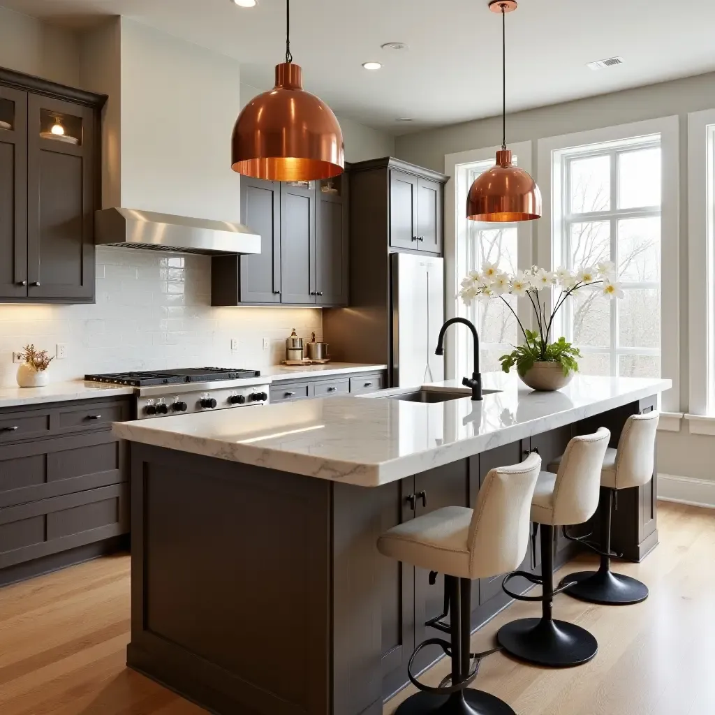 a photo of a kitchen island adorned with copper decor