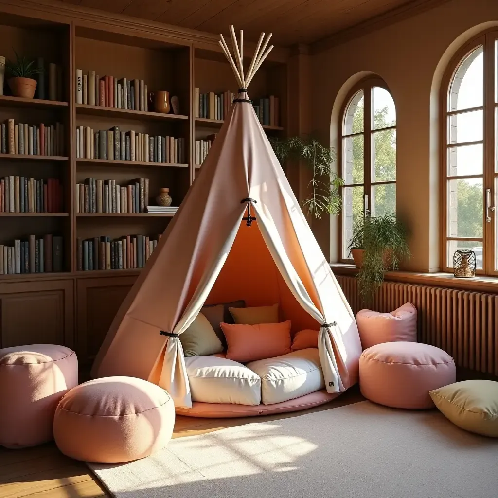 a photo of a library with a whimsical reading tent and cushions