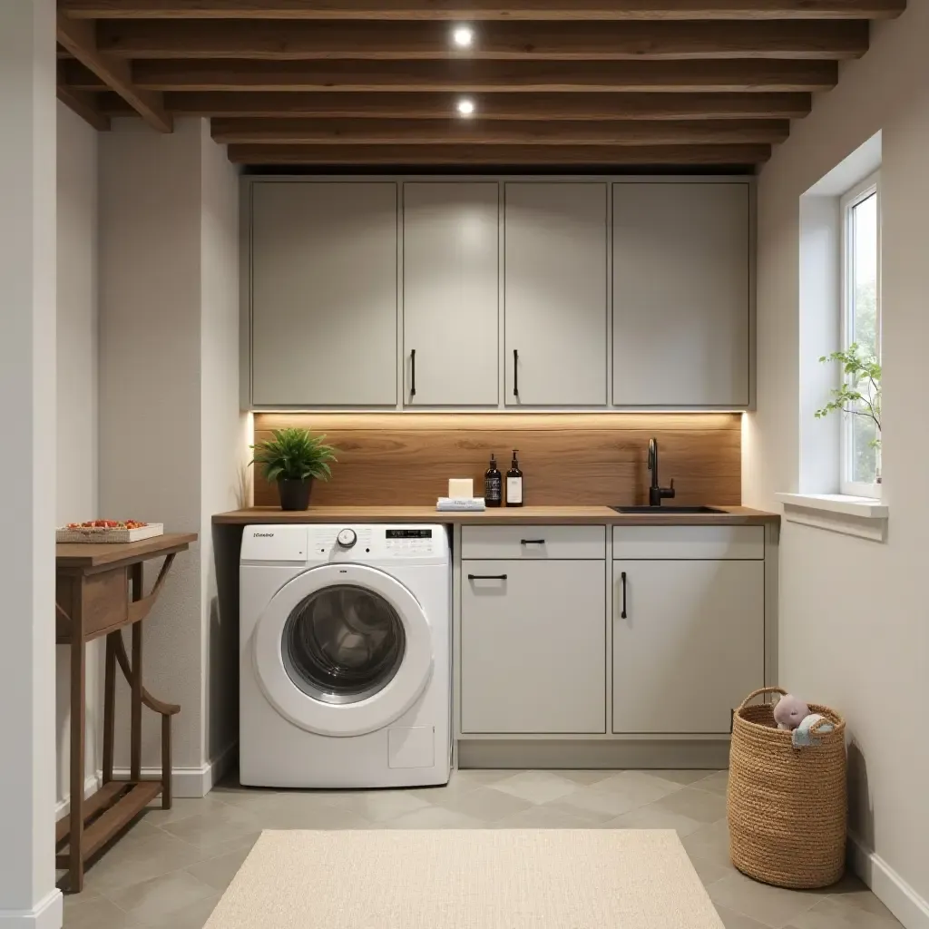 a photo of a basement with a stylish laundry folding station