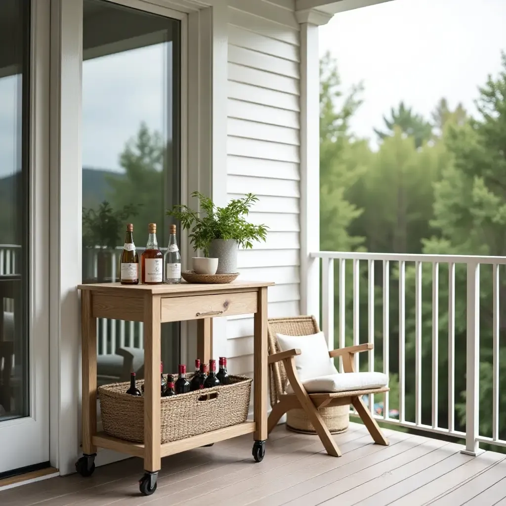 a photo of a balcony with a charming farmhouse-style bar cart