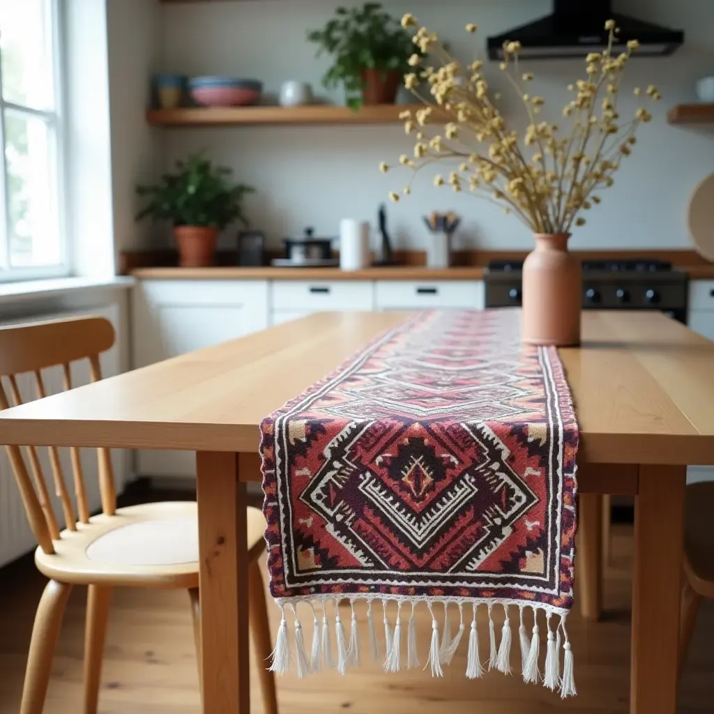 a photo of a kitchen with a bohemian-style table runner