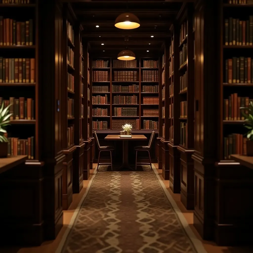 a photo of a library with a cozy, inviting atmosphere and soft lighting