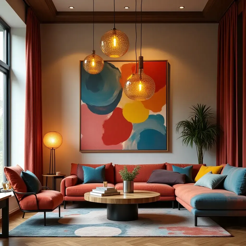 a photo of a vibrant living room with artistic pendant lights and creative wall art