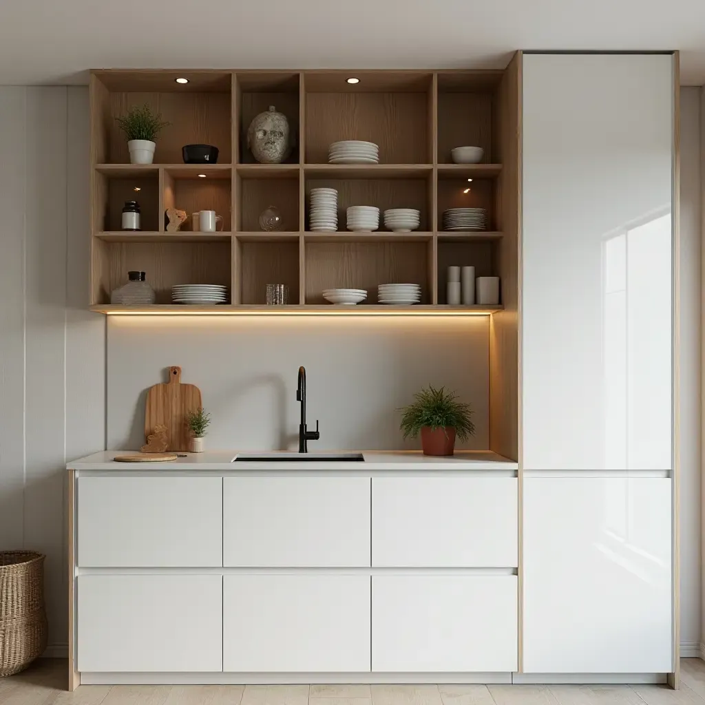 a photo of a small kitchen with vertical storage solutions and stylish decor