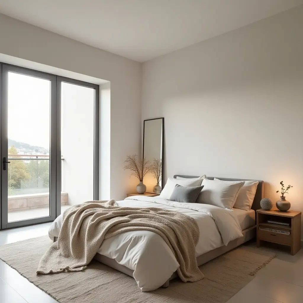 a photo of a spacious bedroom combining minimalist design with bohemian elements