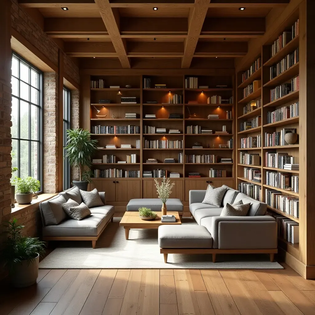 a photo of a library with reclaimed wood accents and natural light