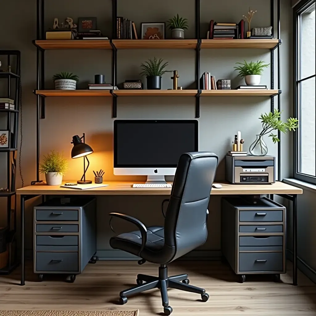 a photo of a workspace with metal and wood accents