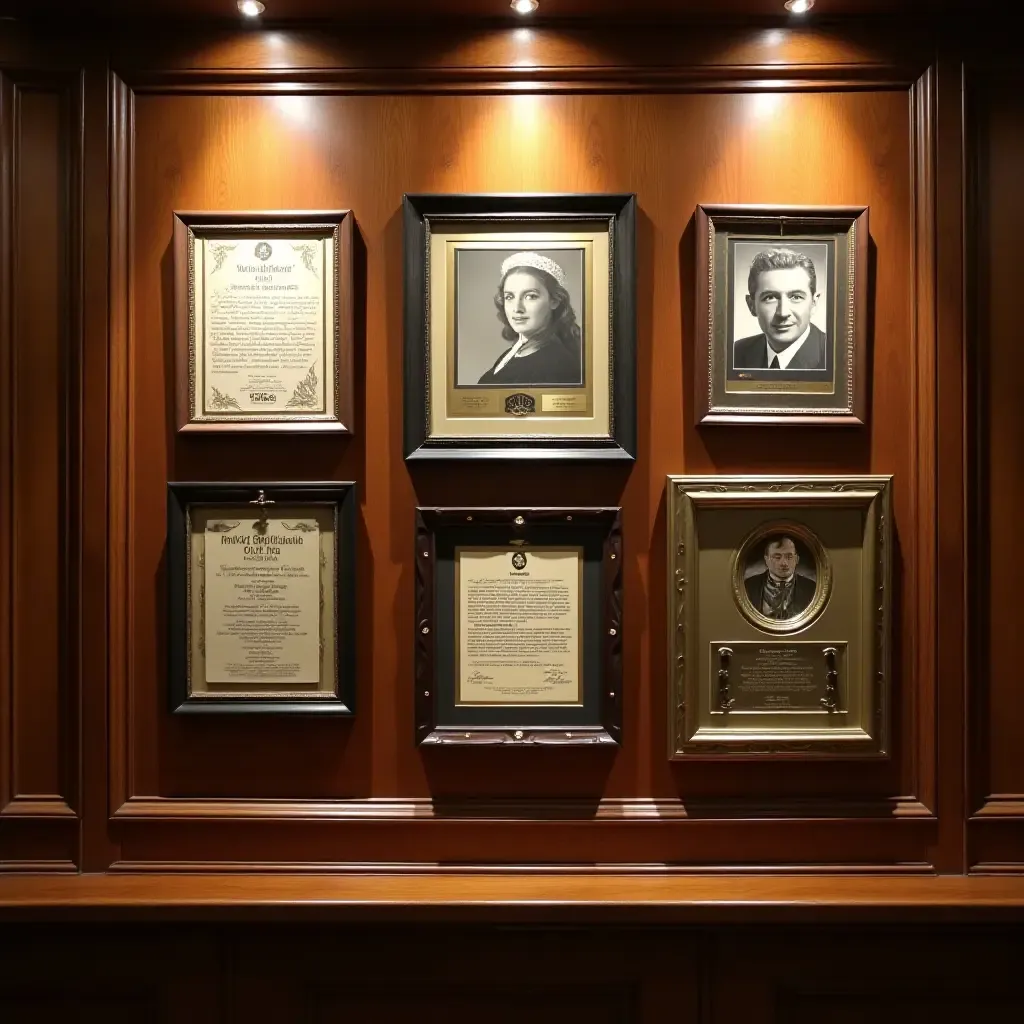 a photo of a wall of fame with framed achievements and photos