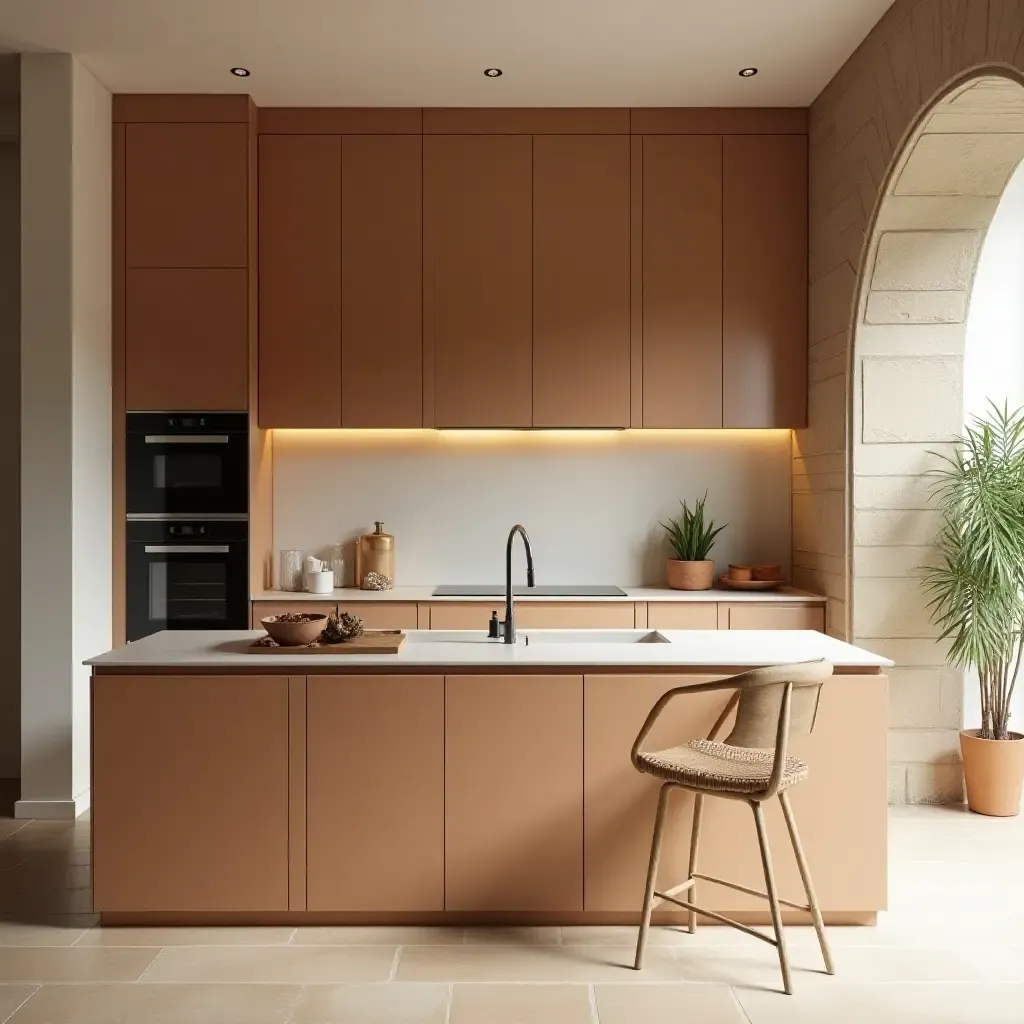 a photo of a contemporary boho kitchen with sleek lines and warm hues