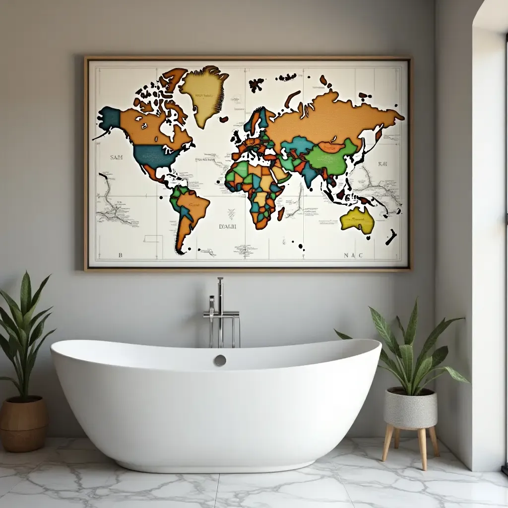 a photo of a large, framed map as wall art in a bathroom