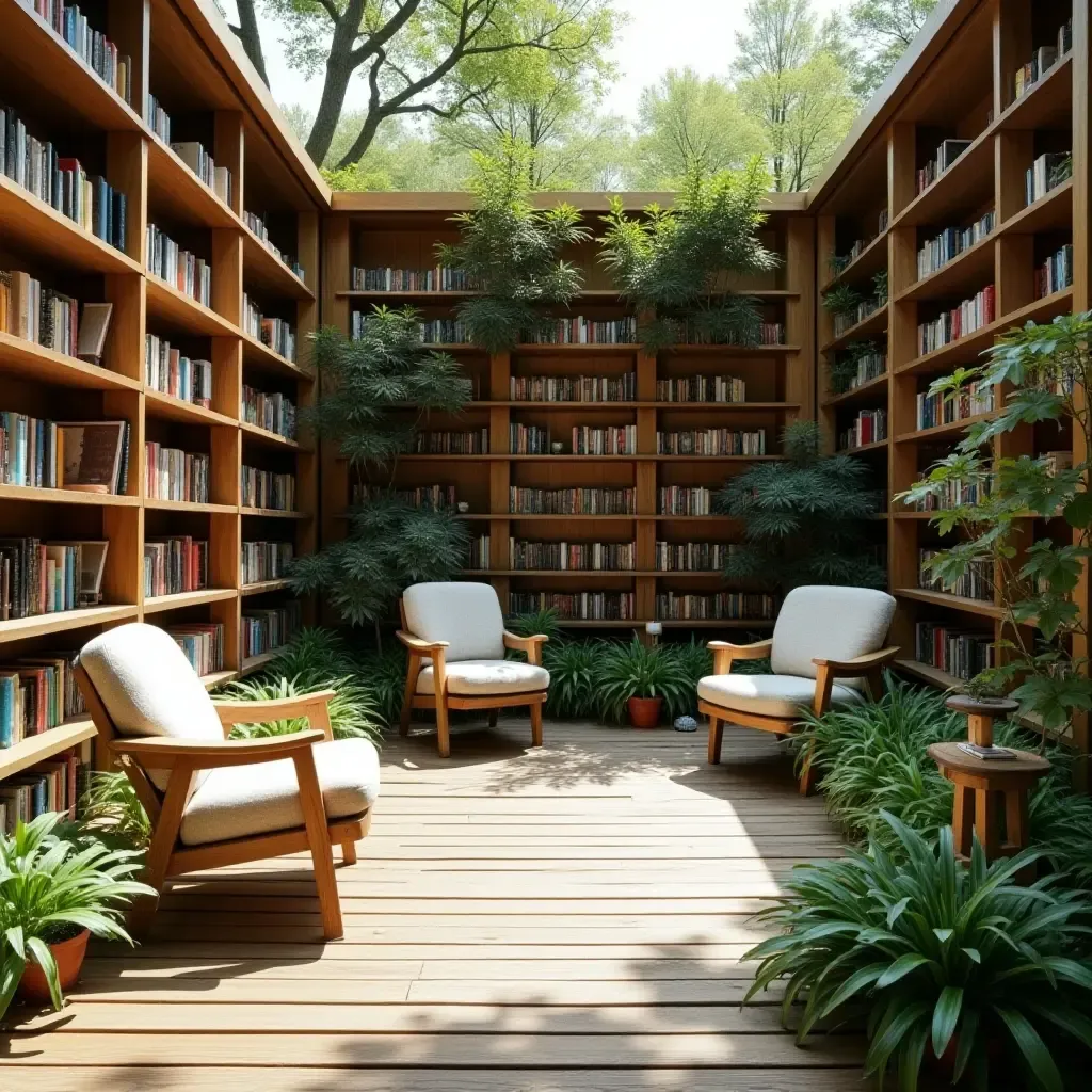 a photo of a library with a reading garden for outdoor relaxation