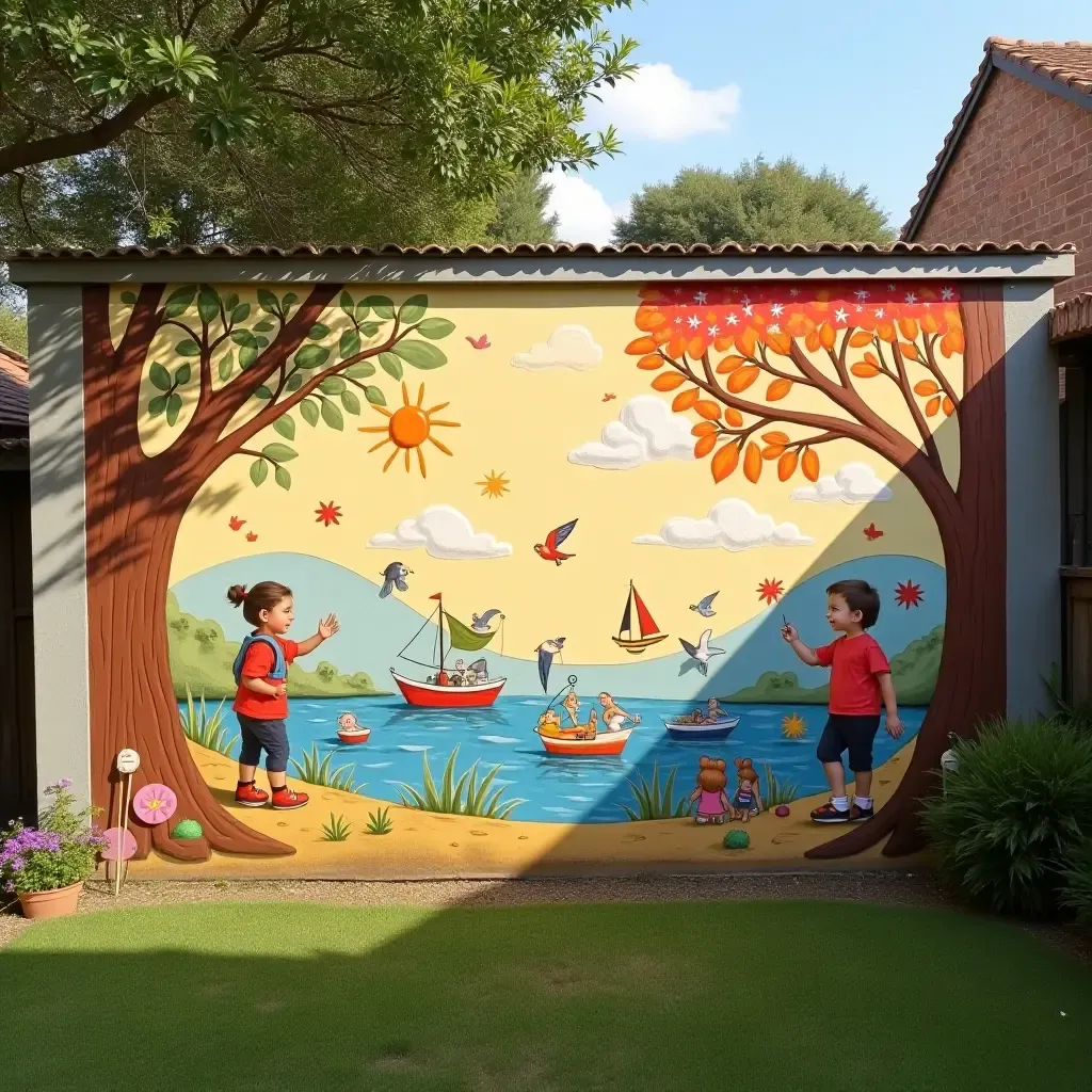 a photo of a playful children’s mural in a backyard