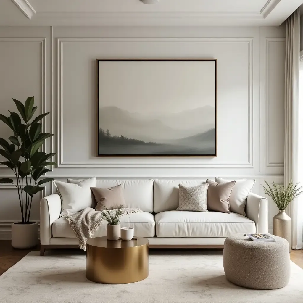 a photo of a serene living room with subtle metallic details in decor