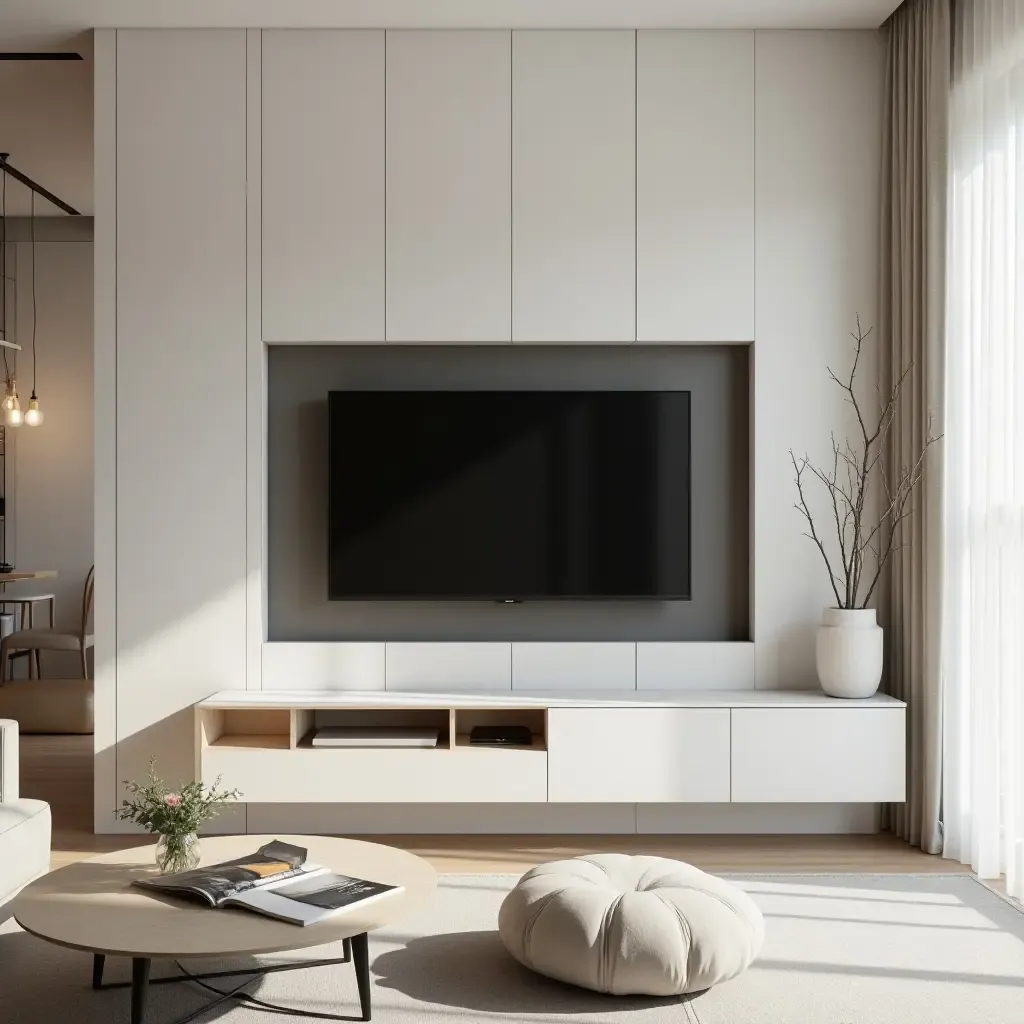 a photo of a minimalist living room featuring a TV integrated into a geometric wall design