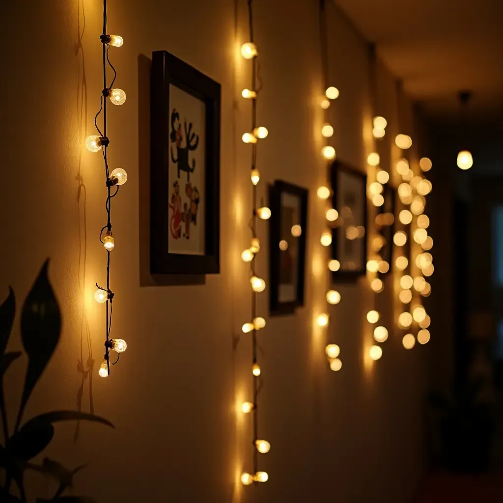 a photo of a wall decorated with fairy lights and artwork