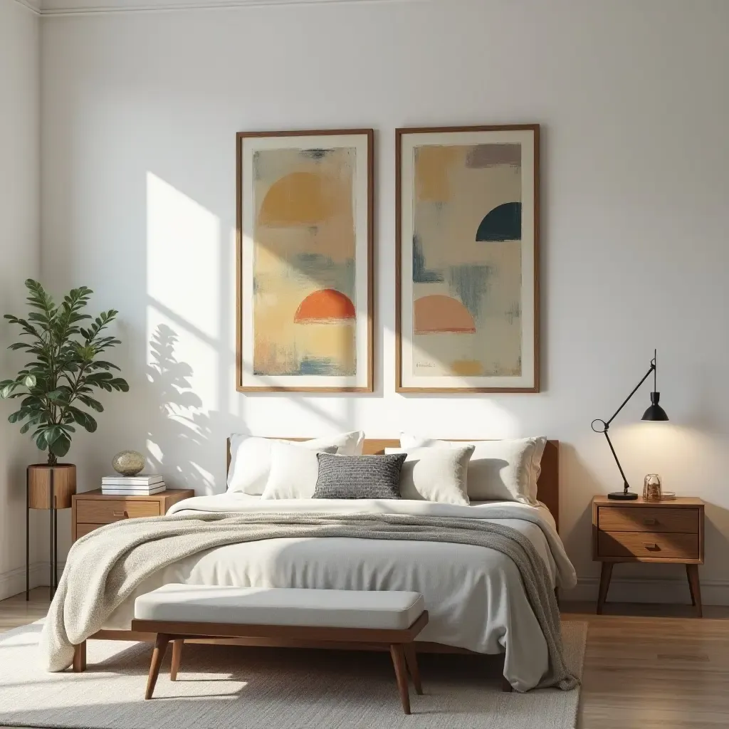 a photo of a modern bedroom adorned with vintage wall art and sleek furniture